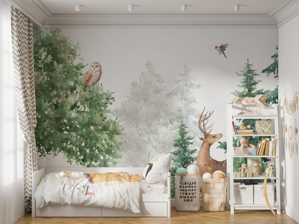 Wild Animals in Foggy Forest Wallpaper Mural