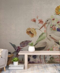 Storks in Flowers Wallpaper Mural