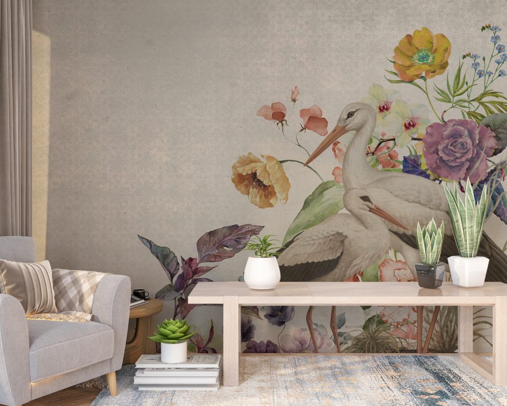 Storks in Flowers Wallpaper Mural