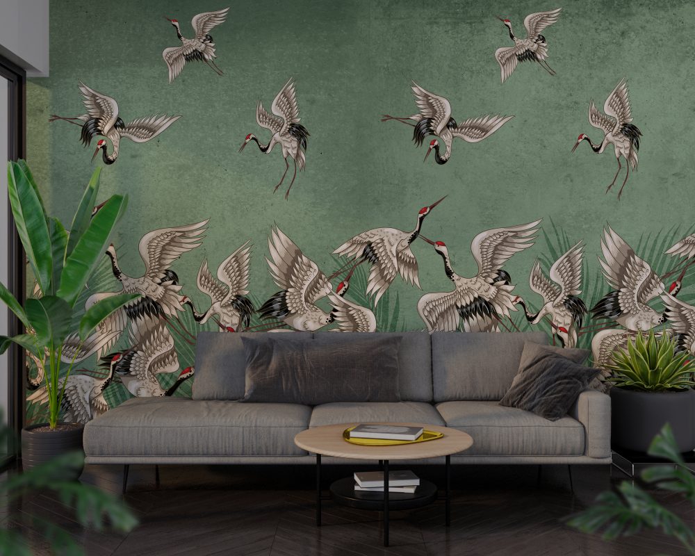 Storks in Green Night Wallpaper Mural