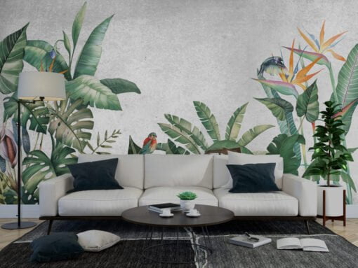 Tropical Leaves And Birds Wallpaper Mural