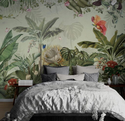 Tropical Leaves and Birds Wallpaper Mural