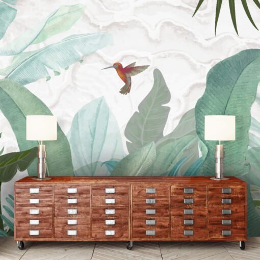 Birds and Big Tropical Leaves Wallpaper Mural