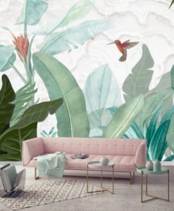 Birds and Big Tropical Leaves Wallpaper Mural