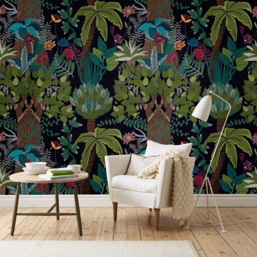Dark Tropical Leaves and Trees Wallpaper Mural