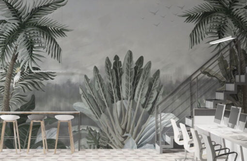 Pale Large Leaves and Palms Wallpaper Mural