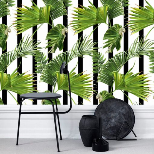 Stripes and Tropical Leaves Wallpaper Mural