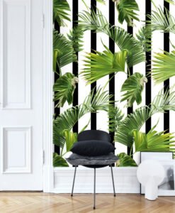 Stripes and Tropical Leaves Wallpaper Mural