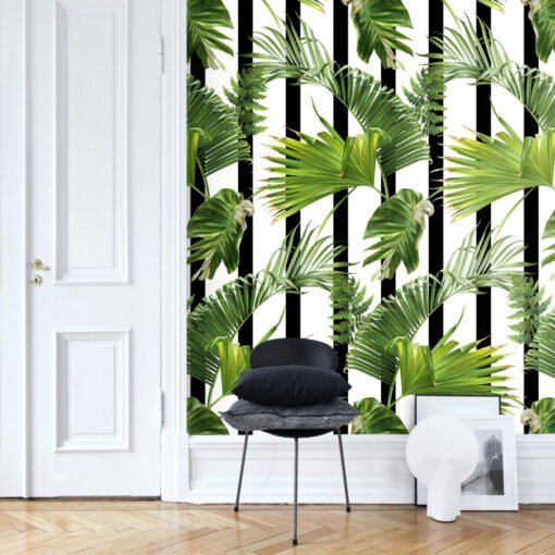 Stripes and Tropical Leaves Wallpaper Mural