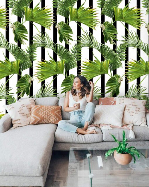 Stripes and Tropical Leaves Wallpaper Mural