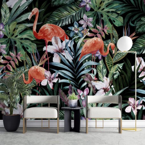 Dark Flamingo Figured Tropical Wallpaper Mural