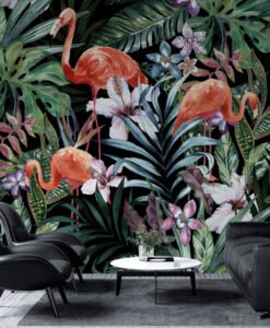 Dark Flamingo Figured Tropical Wallpaper Mural