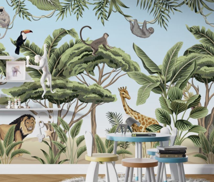 Tropical Jungle And Animals Wallpaper Mural | Silk Interiors Wallpaper ...