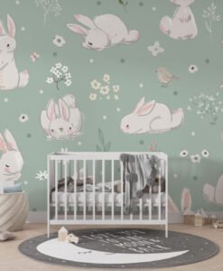 Cute Bunnies and Birds Wallpaper Mural