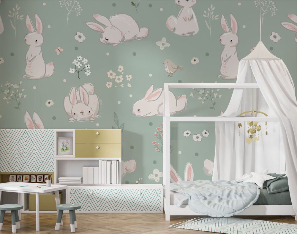 Cute Bunnies and Birds Wallpaper Mural