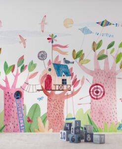 Colorful Tree Houses Wallpaper Mural in a child's bedroom