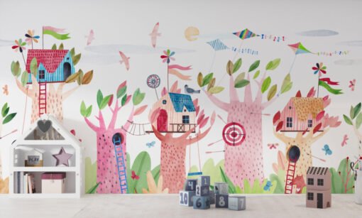 Colorful Tree Houses Wallpaper Mural in a child's bedroom