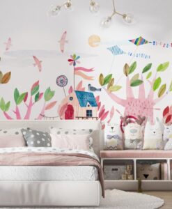 Colorful Tree Houses Wallpaper Mural in a kid's room