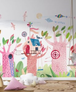 Colorful Tree Houses Wallpaper Mural on child's bedroom wall