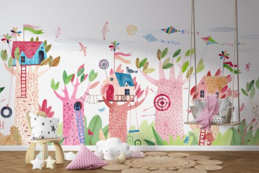 Colorful Tree Houses Wallpaper Mural on child's bedroom wall
