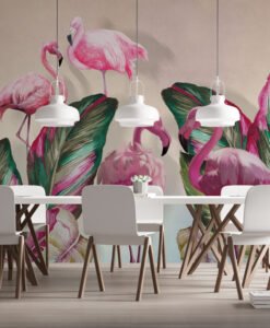 Flamingos and Tropical Leaves Wallpaper Mural