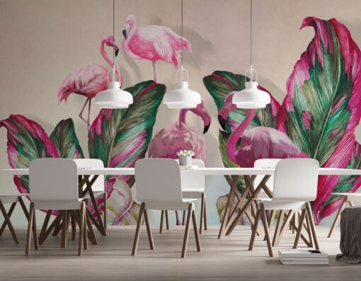 Flamingos and Tropical Leaves Wallpaper Mural