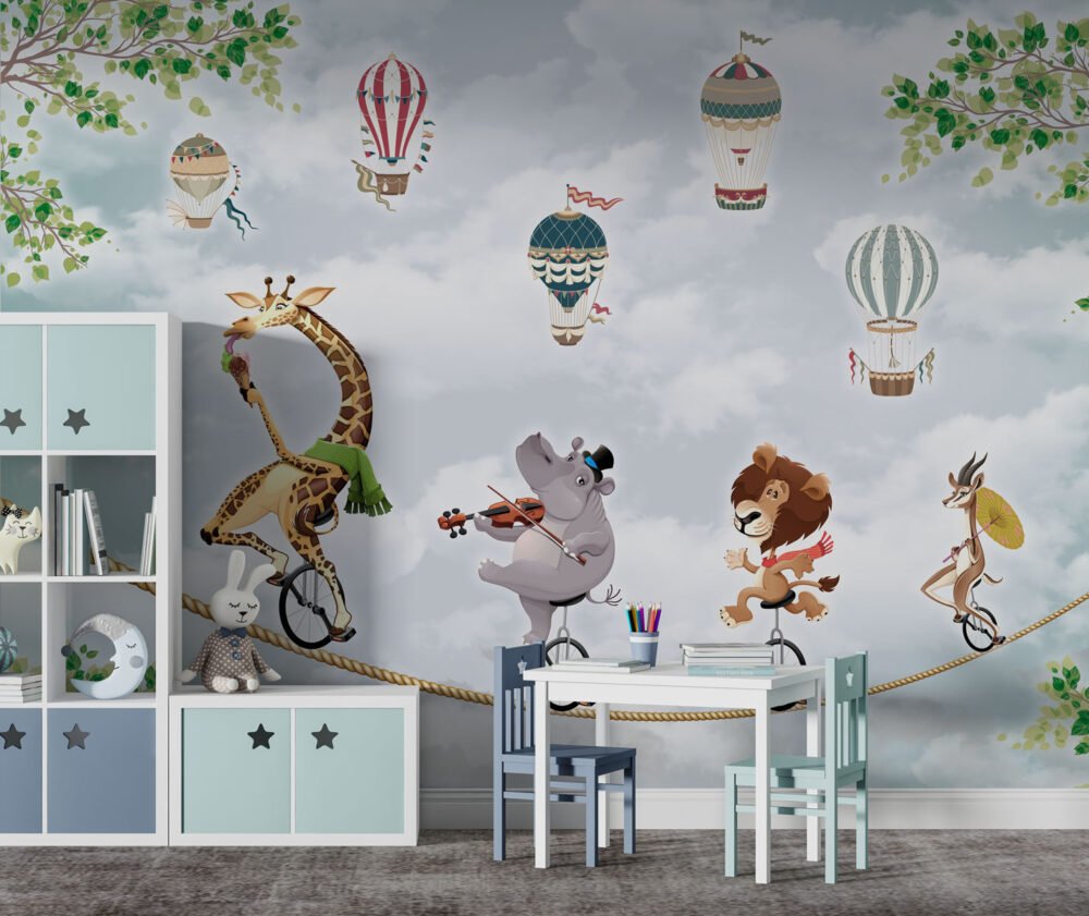 Animals String Flying Balloons Wallpaper Mural