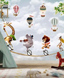 Animals String Flying Balloons Wallpaper Mural