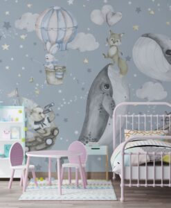 Whales and Flying Animals Wallpaper Mural