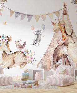 Tent Animals and Flowers Wallpaper Mural