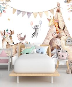 Tent Animals and Flowers Wallpaper Mural