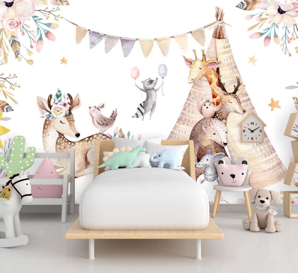 Tent Animals and Flowers Wallpaper Mural