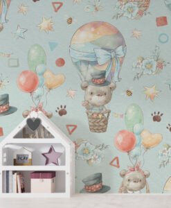 Teddy Bears Flying Balloon Wallpaper Mural
