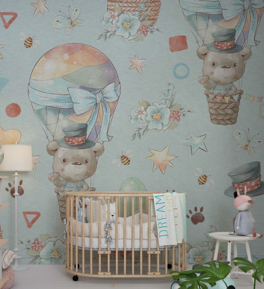 Teddy Bears Flying Balloon Wallpaper Mural