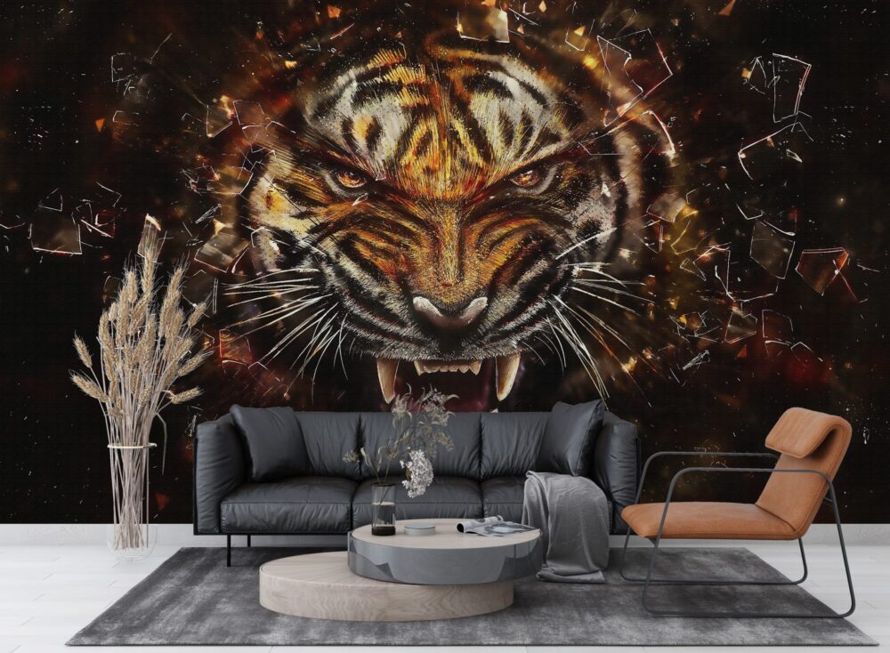 Tiger Figure Breaking Glass Wallpaper Mural