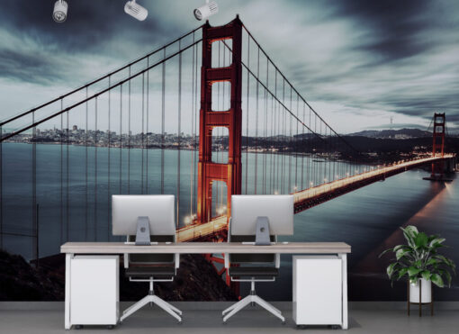 A desk with computers and Golden Gate Bridge Wallpaper Mural behind it