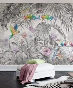Gray Floral Colorfun Bird Wallpaper Mural