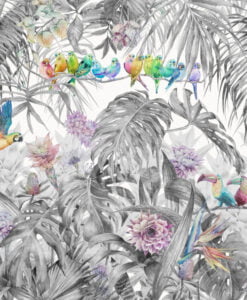 Gray Floral Colorfun Bird Wallpaper Mural