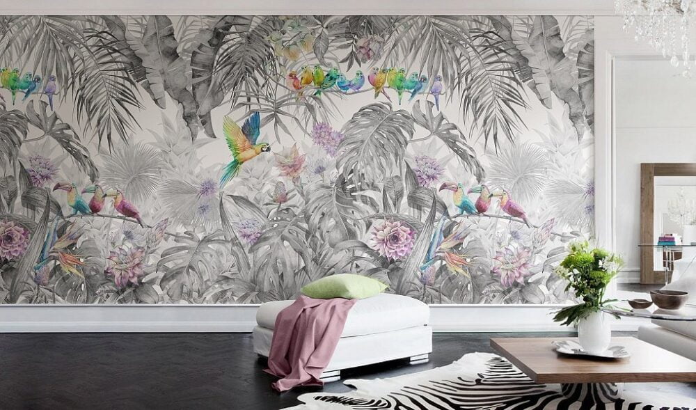 Gray Floral Colorfun Bird Wallpaper Mural