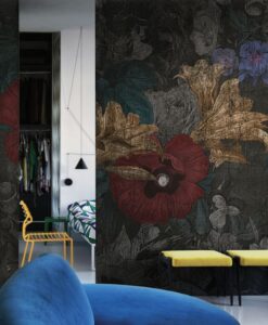 Floral Pattern Wrapped in Black Wallpaper Mural
