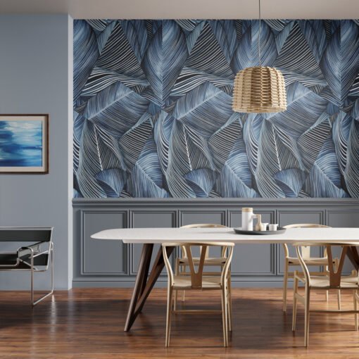 Linear Blue Color Leaves Wallpaper Mural