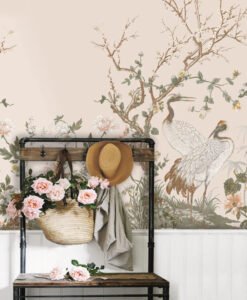 Crane Birds and Flowers Wallpaper Mural