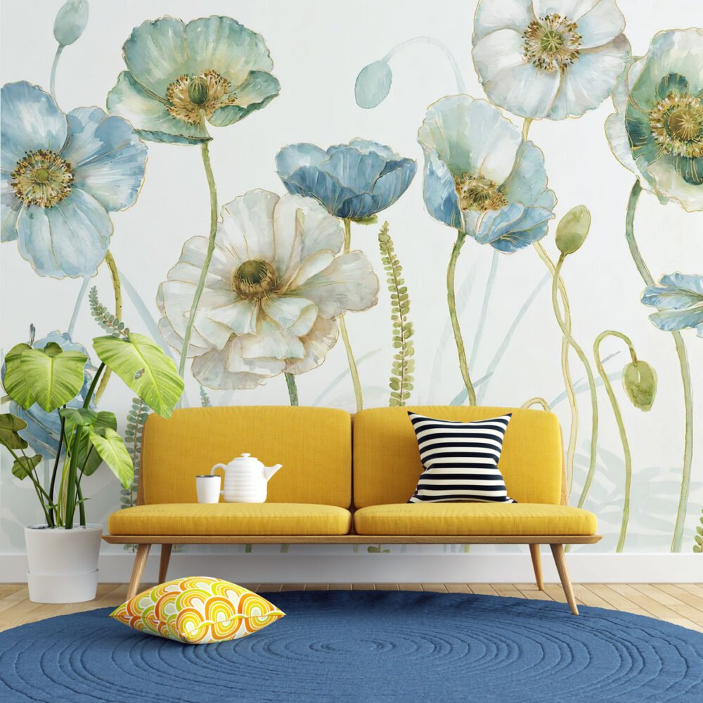 Gold Detailed Soft Flowers Wallpaper Mural