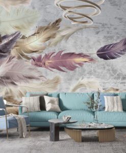 Colorful Feathers with Gray Wallpaper Mural