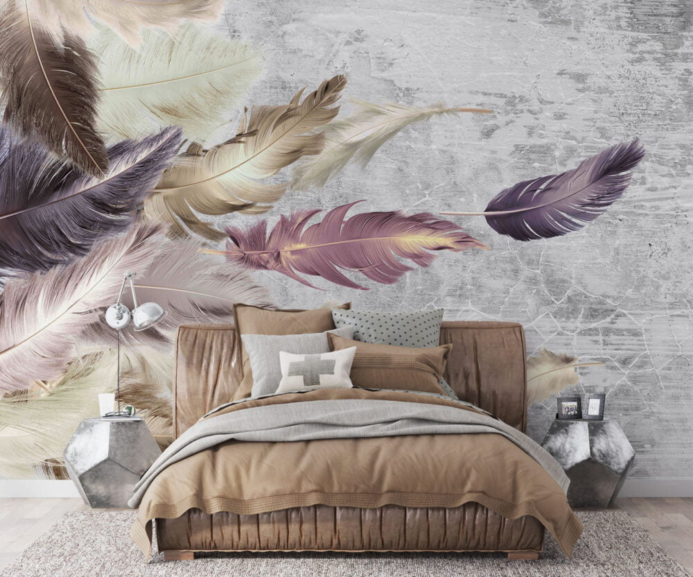 Colorful Feathers with Gray Wallpaper Mural