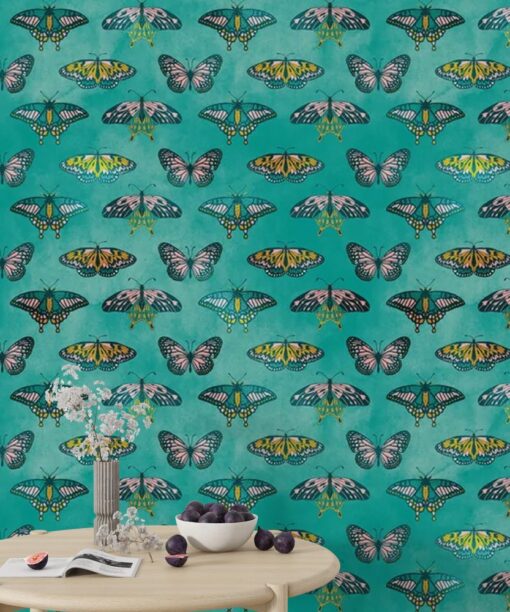 Butterflies Green Background Wallpaper Mural