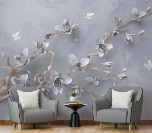 3D View Flowers on Branch Wallpaper Mural