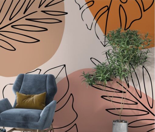Line Art Orange Leaf 3D Wallpaper Mural