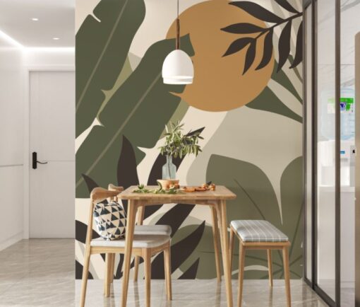 Line Art Green Leaf 3D Wallpaper Mural