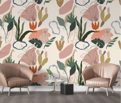 Flowers Tigers Watercolor Wallpaper Mural